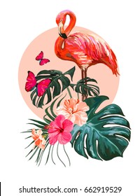 Beautiful floral exotic vector illustration with pink flamingo, tropical leaves, hibiscus. Isolated on white background