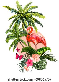 Beautiful floral exotic vector illustration with pink flamingo, tropical leaves, palms, hibiscus. Isolated on white background