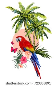 Beautiful floral exotic vector illustration with parrot ara, palm trees, tropical leaves, hibiscus. Isolated on white background