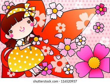 Beautiful Floral Festival and Cute Fairy - enjoying an lovely young girl with petals in romantic garden on a pink background of dotted patterns : vector illustration