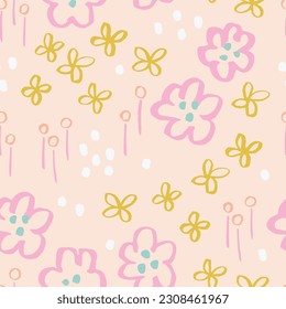 Beautiful Floral Field vector texture. Seamless floral pattern with hand drawn ink flowers and leaves. Abstract botanical background