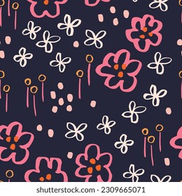 Hermosa textura vectorial de Campo Floral. Patrón floral sin foco con flores y hojas de tinta dibujadas a mano. Resumen del fondo botánico
