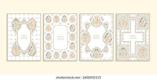 Beautiful floral flower bunny and eggs Easter card set in vintage victorian classic elegant art nouveau design style for poster print cards greeting background frame template book pages cover