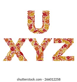 Beautiful floral font, decorative letters with vintage pattern. U, X, Y, Z.