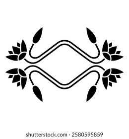 Beautiful floral frame with ancient Egyptian motifs. Botanical ornament with blooming boughs of lotus flower. Design with water lily vines. Black and white silhouette.