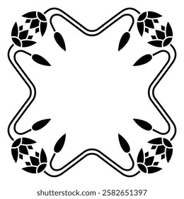 Beautiful floral frame with ancient Egyptian motifs. Geometrical botanical border with blooming branches of lotus flower. Black and white silhouette.