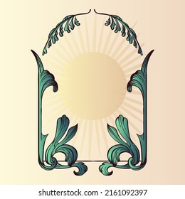 beautiful floral frame in art nouveau style, hand drawn with a calligraphy brush, against the background of a decorative geometric sun