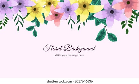 Beautiful floral frame background template with soft nature flowers, leaves, branches, place for text for web banners, posters, social media, apps, ads, invitations. Vector Illustration.