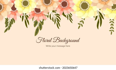 Hermosa plantilla de fondo de marco floral con flores de naturaleza suave, hojas, ramas, lugar de texto para banners web, afiches, medios sociales, aplicaciones, anuncios, invitaciones. Ilustración vectorial.