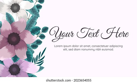 Beautiful floral frame background template with soft nature flowers, leaves, branches, place for text for web banners, posters, social media, apps, ads, invitations. Vector Illustration.