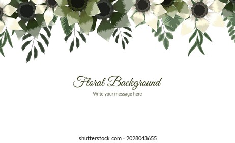 Hermosa plantilla de fondo de marco floral con flores de naturaleza suave, hojas, ramas, lugar de texto para banners web, afiches, medios sociales, aplicaciones, anuncios, invitaciones. Ilustración vectorial.