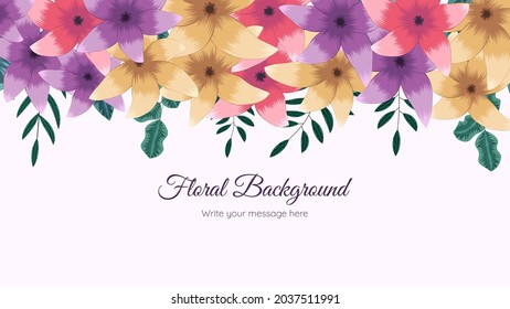 Beautiful floral frame background template with soft nature flowers, leaves, branches, place for text for web banners, posters, social media, apps, ads, invitations. Vector Illustration.