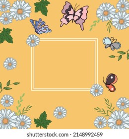 beautiful floral frame. blooming chamomile with grean leaves and butterflies illustration on orange background. hand drawn vector. wallpaper, greeting card, postcard, wedding card, gift card, poster. 