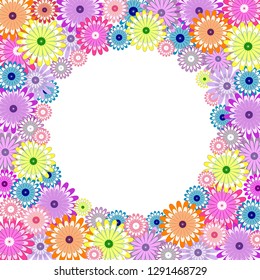 Beautiful floral frame with creative chamomile flowers. Spring, summer background, decorative border. Template for advertising, design, party, newborn event, poster, print, web. Vector plant card.