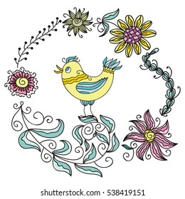 Beautiful floral frame and cute bird. Vector illustration.