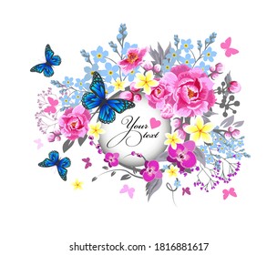 Beautiful floral frame with different flowers. Vector illustration