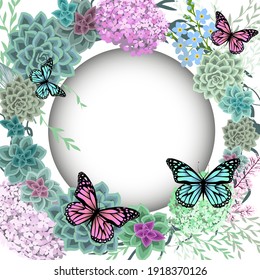 Bonito marco floral con flores y suculentos. Tarjeta floral con mariposas. Ilustración del vector