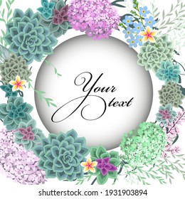 Beautiful floral frame with different flowers and succulents. Floral card. Hello summer. Vector illustration
