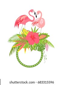 Beautiful floral frame with exotic flowers, tropical leaves and pair of lovely pink flamingo for wedding design, greeting card and invitations