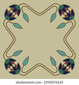 Beautiful floral frame. Geometrical border with blooming branches of lotus flower. Ancient Egyptian design.