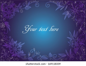 Beautiful floral frame in light blue and purple colors, great as a wedding invitation, postcard, thank you card, notebook cover, etc. with a place for your text