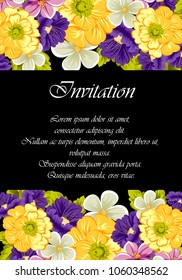 beautiful floral frame on black background. For your design of greeting cards, invitations and greeting cards for birthday, Valentine's day, wedding, party and more. Vector illustration.