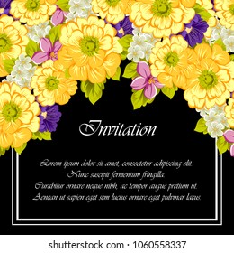 beautiful floral frame on black background. For your design of greeting cards, invitations and greeting cards for birthday, Valentine's day, wedding, party and more. Vector illustration.