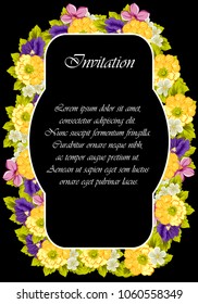 beautiful floral frame on black background. For your design of greeting cards, invitations and greeting cards for birthday, Valentine's day, wedding, party and more. Vector illustration.