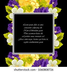 beautiful floral frame on black background. For your design of greeting cards, invitations and greeting cards for birthday, Valentine's day, wedding, party and more. Vector illustration.