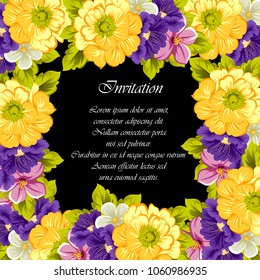 beautiful floral frame on black background. For your design of greeting cards, invitations and greeting cards for birthday, Valentine's day, wedding, party and more. Vector illustration.