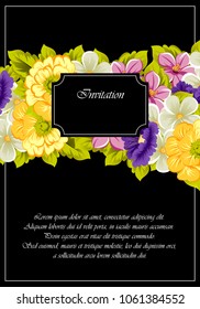 beautiful floral frame on black background. For your design of greeting cards, invitations and greeting cards for birthday, Valentine's day, wedding, party and more. Vector illustration.
