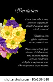 beautiful floral frame on black background. For your design of greeting cards, invitations and greeting cards for birthday, Valentine's day, wedding, party and more. Vector illustration.