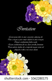 beautiful floral frame on black background. For your design of greeting cards, invitations and greeting cards for birthday, Valentine's day, wedding, party and more. Vector illustration.