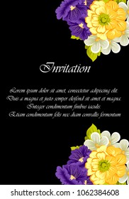 beautiful floral frame on black background. For your design of greeting cards, invitations and greeting cards for birthday, Valentine's day, wedding, party and more. Vector illustration.