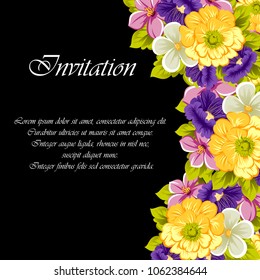 beautiful floral frame on black background. For your design of greeting cards, invitations and greeting cards for birthday, Valentine's day, wedding, party and more. Vector illustration.