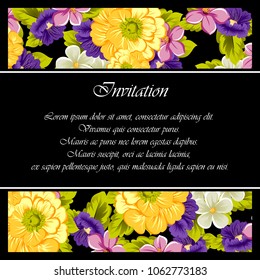 beautiful floral frame on black background. For your design of greeting cards, invitations and greeting cards for birthday, Valentine's day, wedding, party and more. Vector illustration.