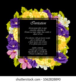 beautiful floral frame on black background. For your design of greeting cards, invitations and greeting cards for birthday, Valentine's day, wedding, party and more. Vector illustration.