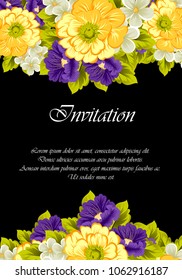 beautiful floral frame on black background. For your design of greeting cards, invitations and greeting cards for birthday, Valentine's day, wedding, party and more. Vector illustration.