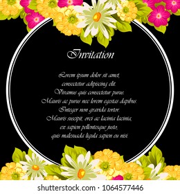 Beautiful floral frame on black background. For your postcard design, invitations and greeting cards for birthday, wedding, Valentine's day, party or celebration. Vector illustration.