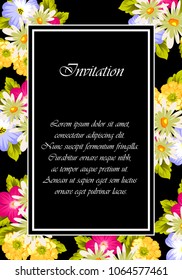 Beautiful floral frame on black background. For your postcard design, invitations and greeting cards for birthday, wedding, Valentine's day, party or celebration. Vector illustration.