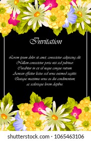 Beautiful floral frame on black background. For your postcard design, invitations and greeting cards for birthday, wedding, Valentine's day, party or celebration. Vector illustration.