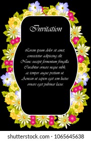 Beautiful floral frame on black background. For your postcard design, invitations and greeting cards for birthday, wedding, Valentine's day, party or celebration. Vector illustration.