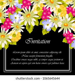 Beautiful floral frame on black background. For your postcard design, invitations and greeting cards for birthday, wedding, Valentine's day, party or celebration. Vector illustration.