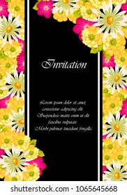Beautiful floral frame on black background. For your postcard design, invitations and greeting cards for birthday, wedding, Valentine's day, party or celebration. Vector illustration.