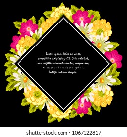 Beautiful floral frame on black background. For your postcard design, invitations and greeting cards for birthday, wedding, Valentine's day, party or celebration. Vector illustration.