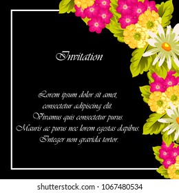 Beautiful floral frame on black background. For your postcard design, invitations and greeting cards for birthday, wedding, Valentine's day, party or celebration. Vector illustration.