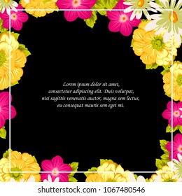 Beautiful floral frame on black background. For your postcard design, invitations and greeting cards for birthday, wedding, Valentine's day, party or celebration. Vector illustration.