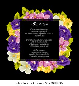 beautiful floral frame on black background. For your design of greeting cards, birthday cards and invitations, wedding, Valentine's day, party. Vector illustration.