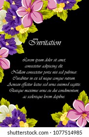 beautiful floral frame on black background. For your design of greeting cards, birthday cards and invitations, wedding, Valentine's day, party. Vector illustration.