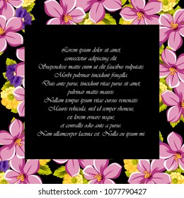 beautiful floral frame on black background. For your design of greeting cards, birthday cards and invitations, wedding, Valentine's day, party. Vector illustration.